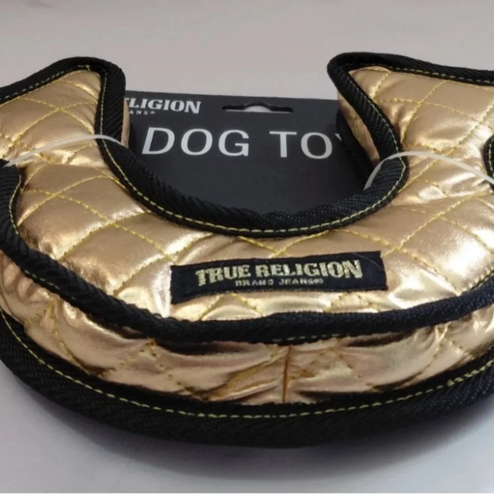 True Religion Horseshoe Logo Large Dog Toy New With Tags 11” W 8” H Gold Black